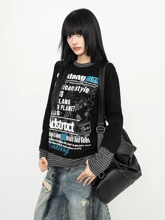 OCTTFLA レディース春秋用ストライプデザインTシャツ【ルーズフィット・重ね着用】
