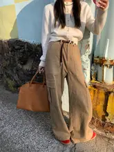 カーキ色 多ポケット ワークパンツ【高腰・スリム効果・厚手・ワイドレッグ】