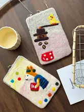 手作りウールフェルトがま口スマホバッグ【秋冬向け・可愛いカートゥーン・斜め掛け・個性的】