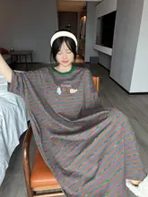 ストライプ柄 半袖コットンナイトドレス【夏用・ロング・大きいサイズ・マタニティ対応】