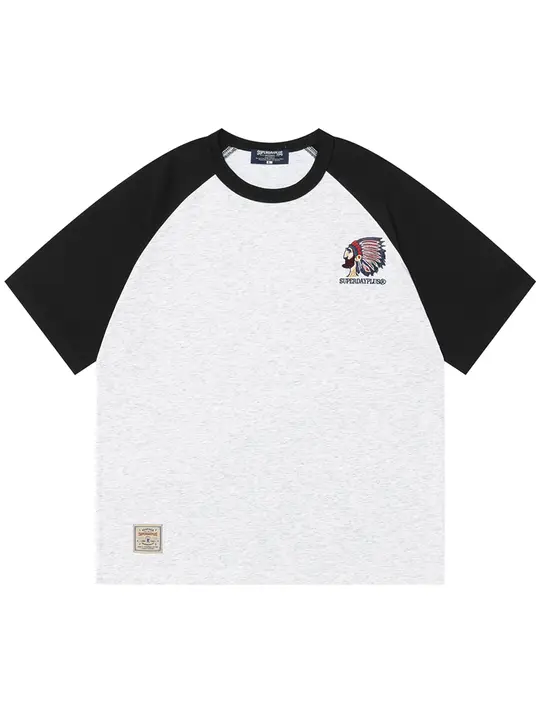 刺繍入り半袖Tシャツ【アメリカンカジュアル・ルーズフィット・ラグランスリーブ・カラーブロック】