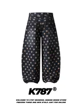 ワイドデニム ユニセックス スター柄 ハイウエスト ルーズ 長丈 アメカジ ヴィンテージ ストリート カジュアル 「K787」