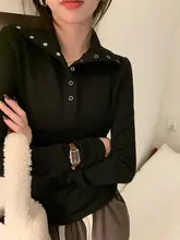レトロ風POLOボタン調整ハイネックトップス【春秋冬用・長袖・スリムフィット・女性用】