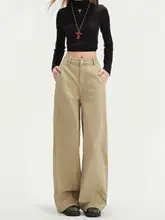 カーキ色のストレートワイドデニムパンツ【秋冬用・フィット・ハイウエスト】（セットアップ対応）