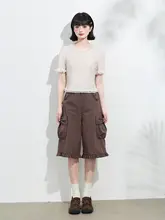 深いコーヒーカラーの七分丈ワイドパンツ【リボンデザイン・カジュアル・夏用】（セットアップ対応）