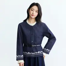 刺繍デザインのデニムジャケット【ウエストベルト付き・春用・フレンチスタイル】