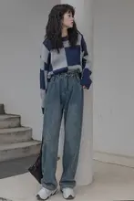 デザイン性のあるハイウエストストレートデニムパンツ【ゆったりシルエット・秋用・女性向け】