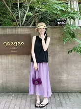 高腰紫色コットンリネンAラインスカート【中長丈・2点セット・黒いタンクトップ付き】