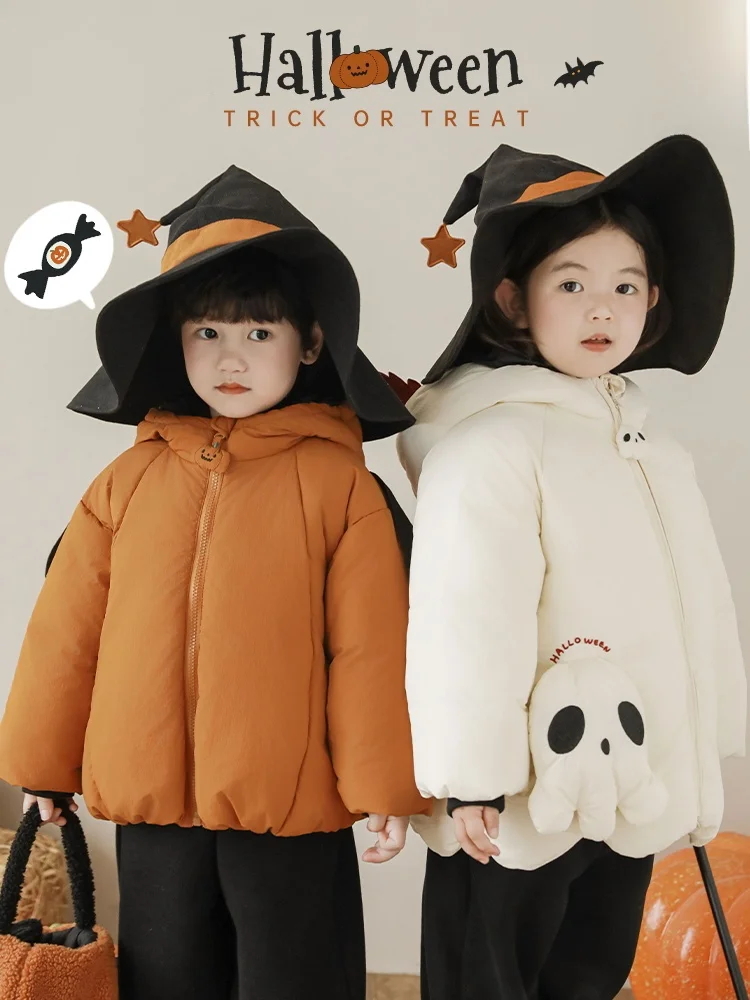 子供用ハロウィンデザイン防風コート：悪魔フード付きの冬用快適衣装