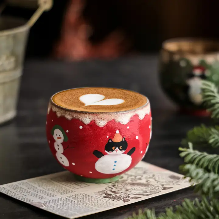 クリスマス雪だるまデザインのカフェカップ【ハンドル付き・ラテアート用】