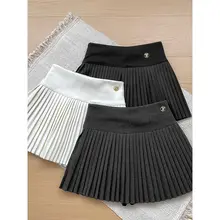 高品質ニット素材の百褶ハイウエストミニスカート【安全パンツ付・デザイン性・美脚効果】