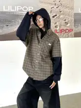 アメリカンリトロスタイルのチェック柄パネルフード付きシャツとスウェットのセット【ゆったりサイズ】