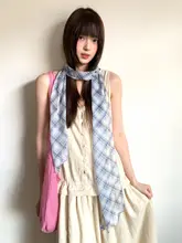 チェック柄ロングシルクスカーフ【夏用・多機能・ヘアバンドとしても使用可能】