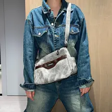 レトロデザインの多機能レザーショルダーバッグ【デニム風・スライド式ポケット付き】
