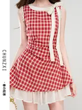小柄向けリボン付きチェック柄ワンピース【夏用・Aライン・重ね着風】（セットアップ対応）