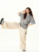 レトロ学院風 ポロカラー半袖Tシャツ【夏用・ゆったりデザイン・レイヤード風】（セットアップ対応）