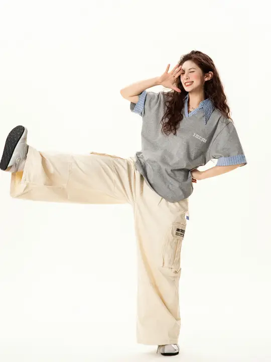 レトロ学院風 ポロカラー半袖Tシャツ【夏用・ゆったりデザイン・レイヤード風】（セットアップ対応）