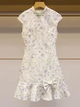 春にぴったり！フラワープリントのフリル付きニットカーディガンと旗袍風ワンピース（セットアップ対応）