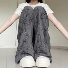 エレガントなグレーのハイウエストワイドレッグパンツ【夏用・薄手・したシルエット】