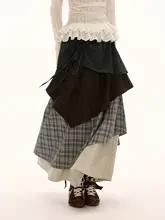 チェック柄の多層カラーブロックロングスカート【アメリカンカジュアル・秋用・ゆったりデザイン】