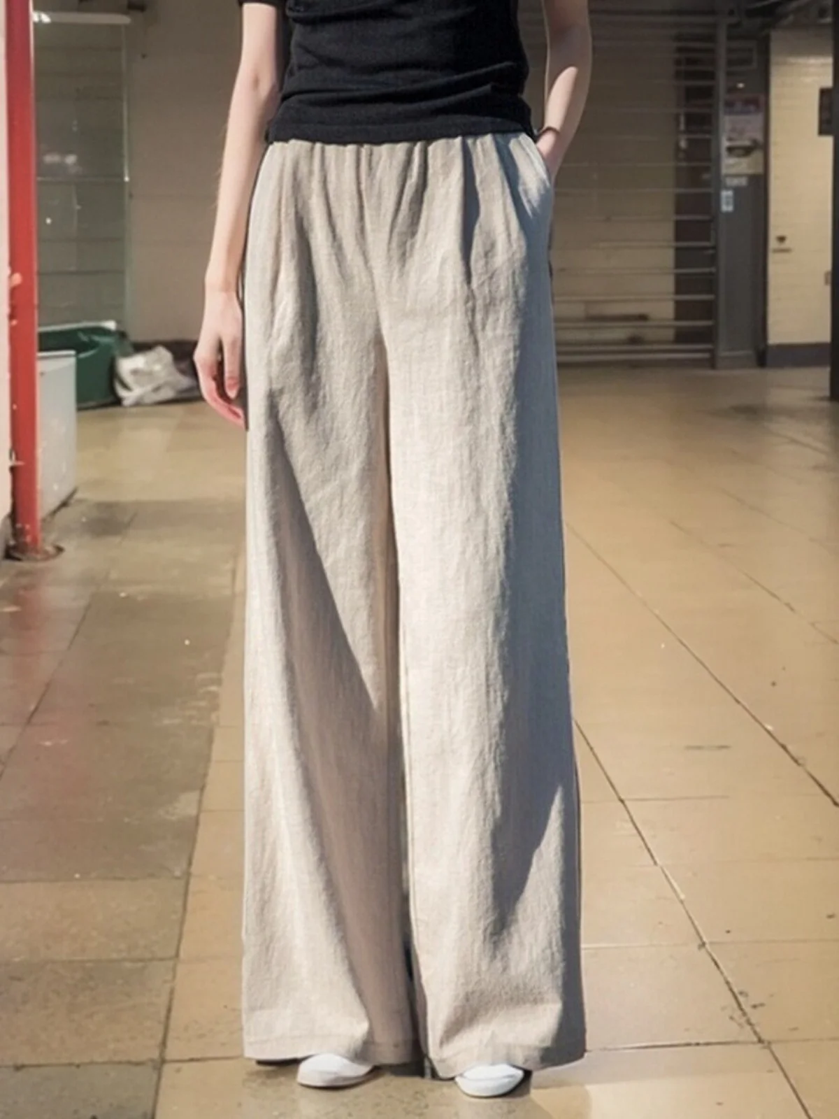 感溢れる麻混ワイドパンツ【レトロスタイル・ゆったりシルエット・春秋用】（セットアップ対応）