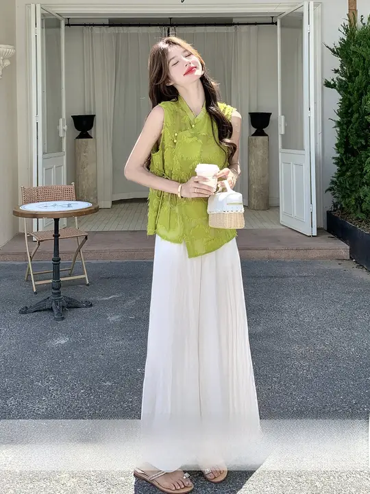 新中式 不規則デザイン ノースリーブトップス【上品な印象・ワイドパンツ・夏用】（セットアップ対応）
