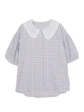 レース付き ドールカラー チェック柄 半袖ブラウス【女性用・パフスリーブ・夏向け】