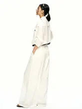 白色リネン製 ワイドレッグオールインワン【ゆったり・通勤用】