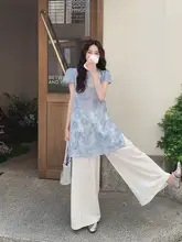 青色刺繍入り新中式国風ウェア【女性用・初夏にぴったり・魅力的な2点セット】（セットアップ対応）