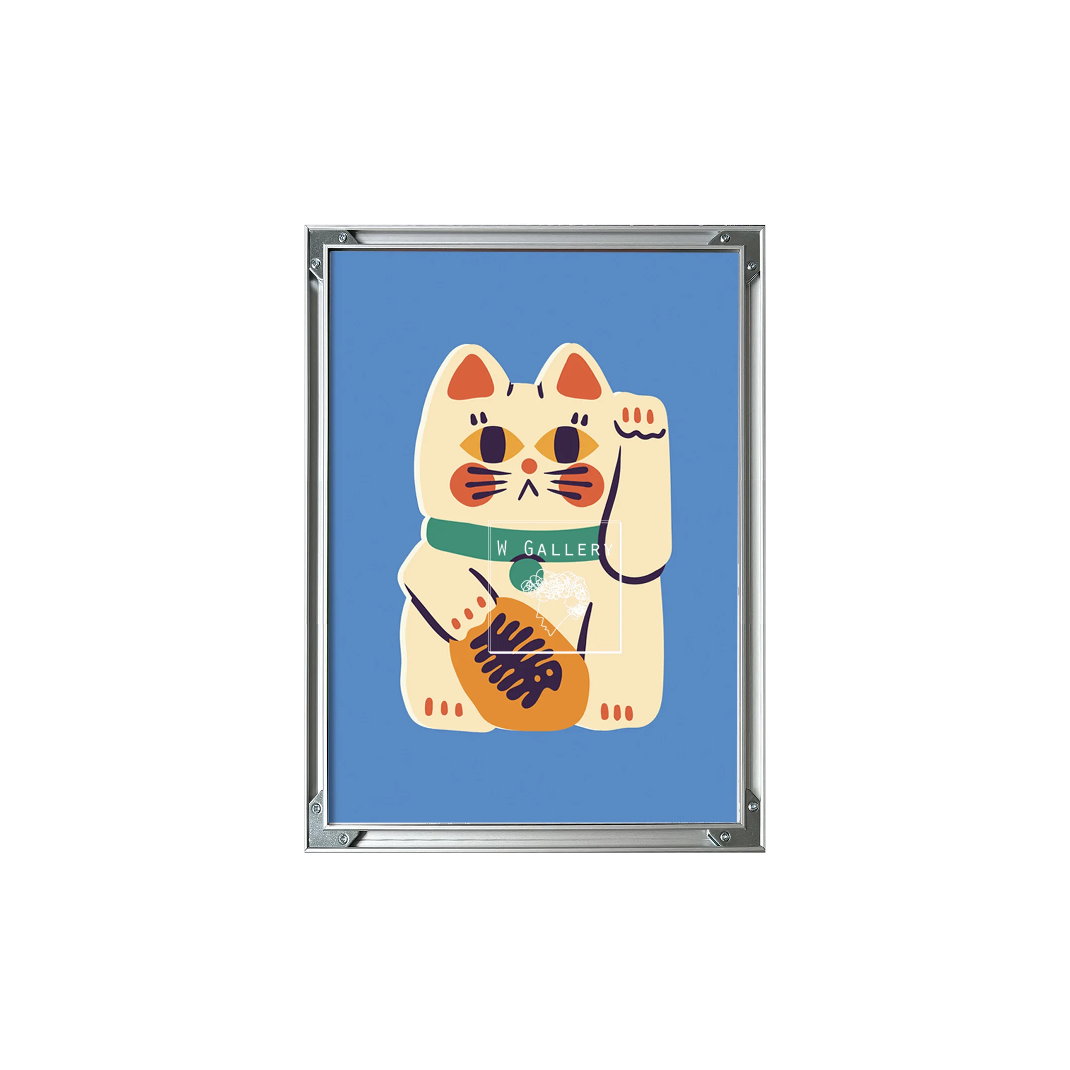ブルーの招き猫アートパネルはどこで購入できるか？包豪ス風のデザインと金属フレームの特徴を解説
