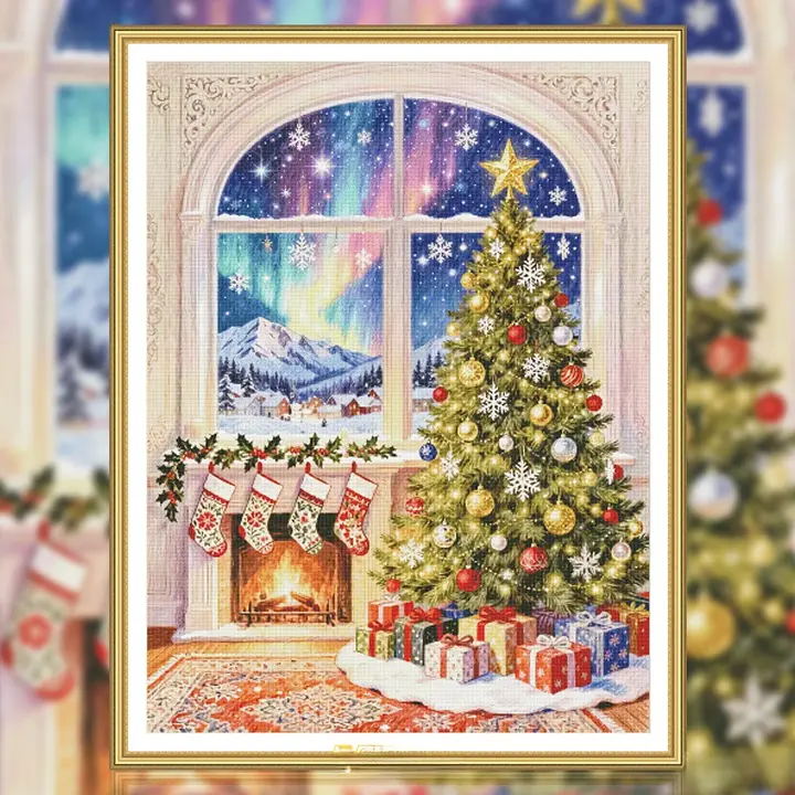 クリスマスツリーのクロスステッチ【オーロラデザイン・カートゥーン風・リビング・寝室・玄関用】