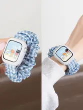 スマートウォッチ バンド レディース Apple Watch用 ナイロン 青白チェック柄 ヘアゴム式 伸縮 スポーツ 夏用 可愛い 上品