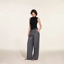 高腰ワイドパンツ【落ち感のあるグレー・フィット・ストレート】（セットアップ対応）