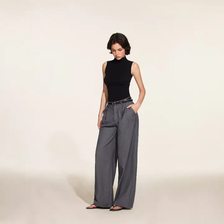 高腰ワイドパンツ【落ち感のあるグレー・フィット・ストレート】（セットアップ対応）