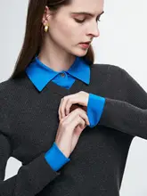 初秋にぴったり！バイカラーPolo衿デザインのニットトップス【100%ウール・スリムフィット・女性用】（セットアップ対応）
