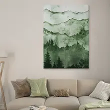 抽象的な森林と山の絵画【緑の自然・リビングルーム用手描きオイルペイント】