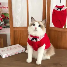 ロリータ風猫ニットセーター【秋冬用・レース付き・赤・暖かさ・お祝い用】（セットアップ対応）