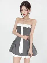 グレーのリボン付きビスチェドレス【Aライン・ウエストシェイプ】