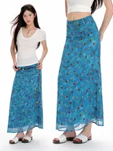 青い花柄シフォンマキシスカート【高腰・スリムフィット・Aライン】