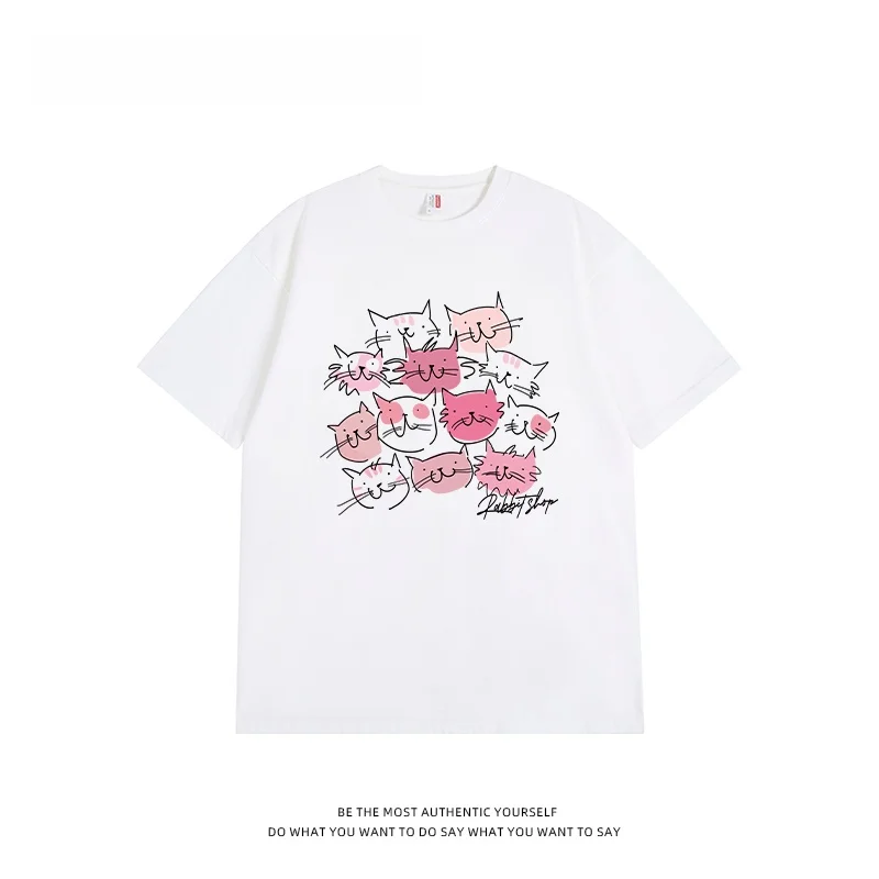 猫 モチーフ のデザイン性を実現したコットン半袖Tシャツ：通勤風のゆったりスタイル