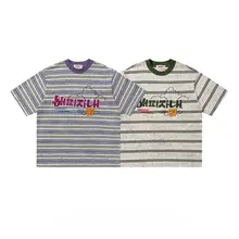 夏用タオル刺繍入りストライプ半袖Tシャツ【カジュアル・ユニセックス・ラウンドネック】（セットアップ対応）