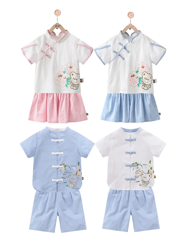 夏用中国風ベビー半袖漢服風スカートセット：女の子向けの民族風セットアップガイド