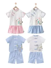 セットアップ キッズ ガールズ 半袖 飾りボタン スカート 漢服 チャイナテイスト 夏