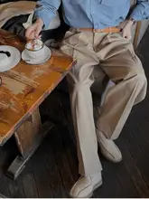 カーキ色のストレートパンツ【ウエストバンド・ゆったりしたデザイン・アメリカンレトロ】