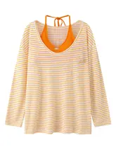 春夏用ストライプ長袖Tシャツ【ハイネック・ゆったり感・UVカット・セットアップ対応】