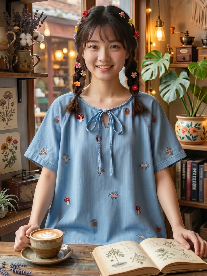 ユニークな刺繍入りデニムシャツ【コットン・リボン付き・ゆったりシルエット・ショートスリーブ】