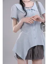 不規則な裾デザインのショートスリーブシャツ【天青空ブルー・幾何学模様】