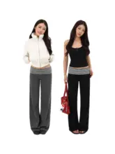 ストライプ柄のリボン付きウエストハイライズストレートワイドパンツ【リラクシー・春夏用】（セットアップ対応）