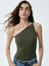 THORNSAURA 春夏向け オーストリア製テンセル 無地スリーブレスねじりデザイン斜め肩トップス