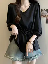 不規則デザインの七分袖Tシャツ【女性用・大きいサイズ・お腹カバー】